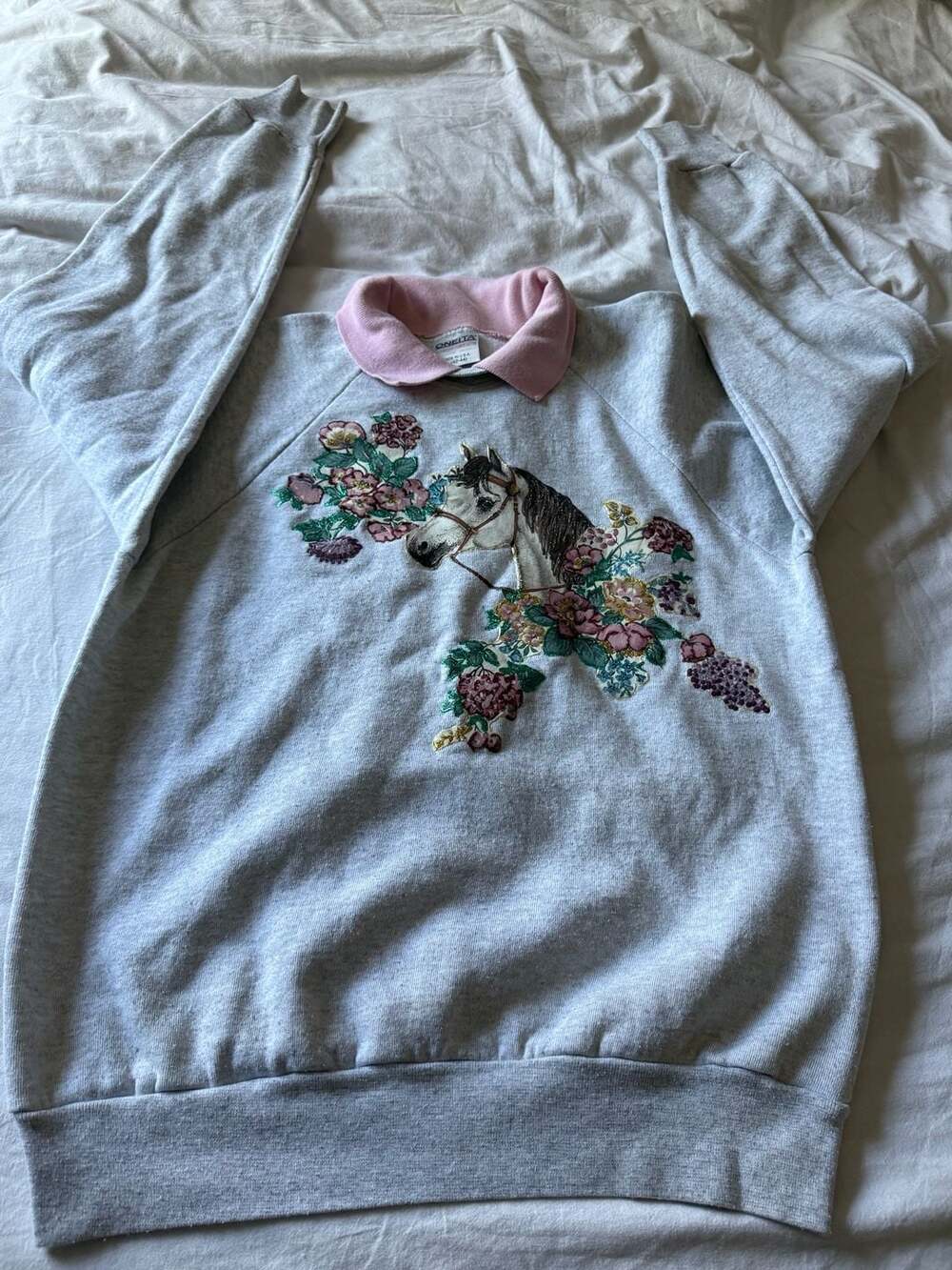 Vintage 90s  Cottagecore Horse Floral Double Collar Sweatshirt Made in USA L